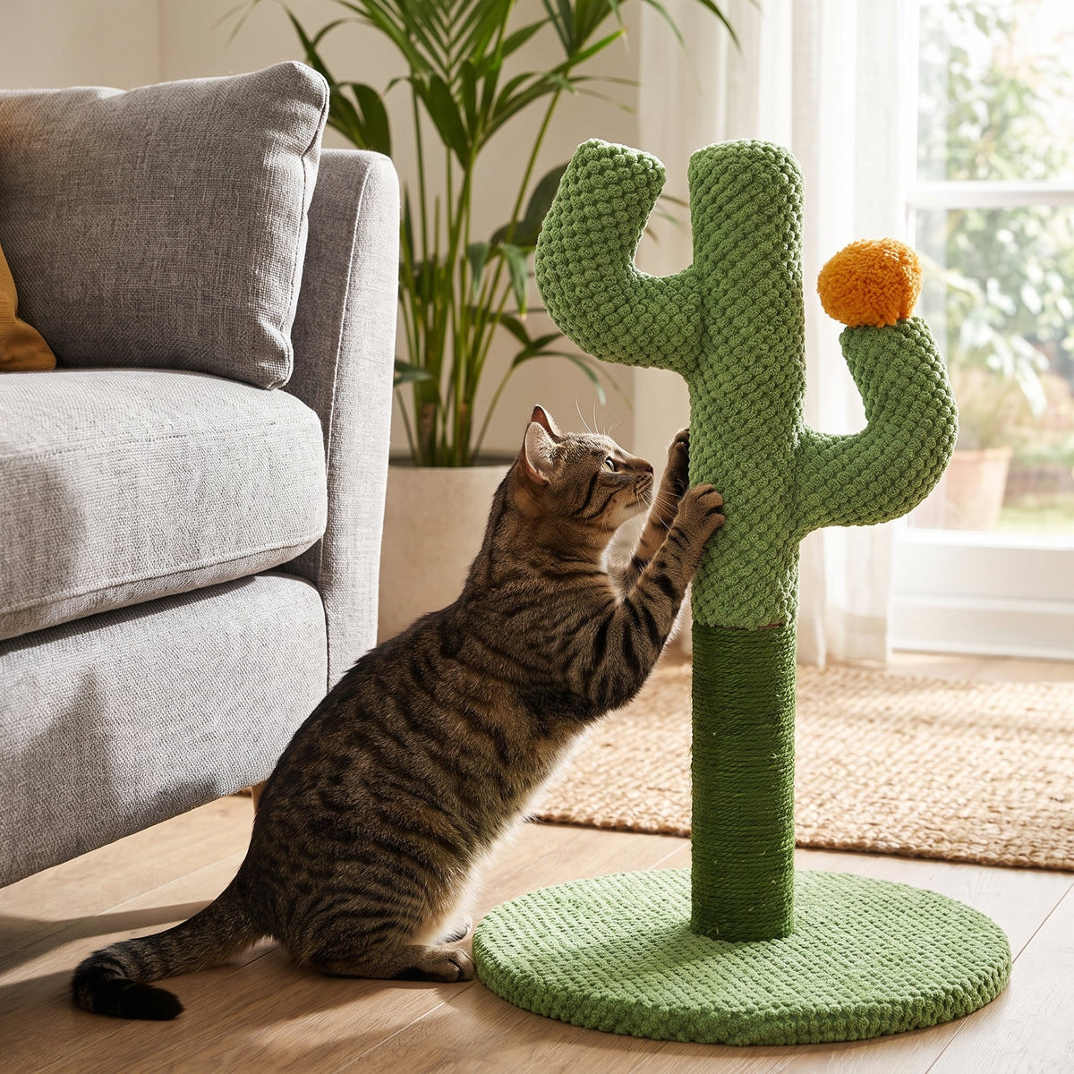 Tabby cat scratching the green cactus sisal scratching post in a living room