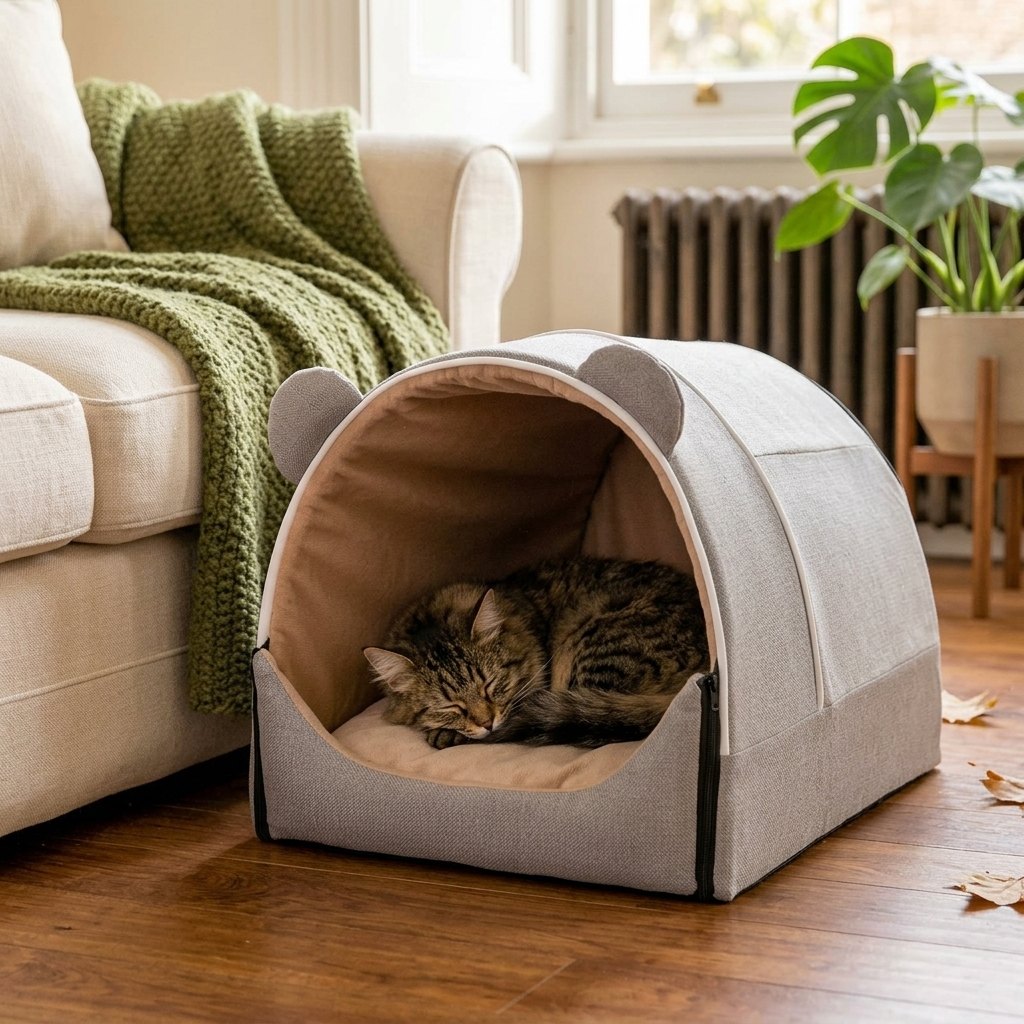 Pet Bed with Cute Ears – tabby cat asleep in the grey pet house in a living room
