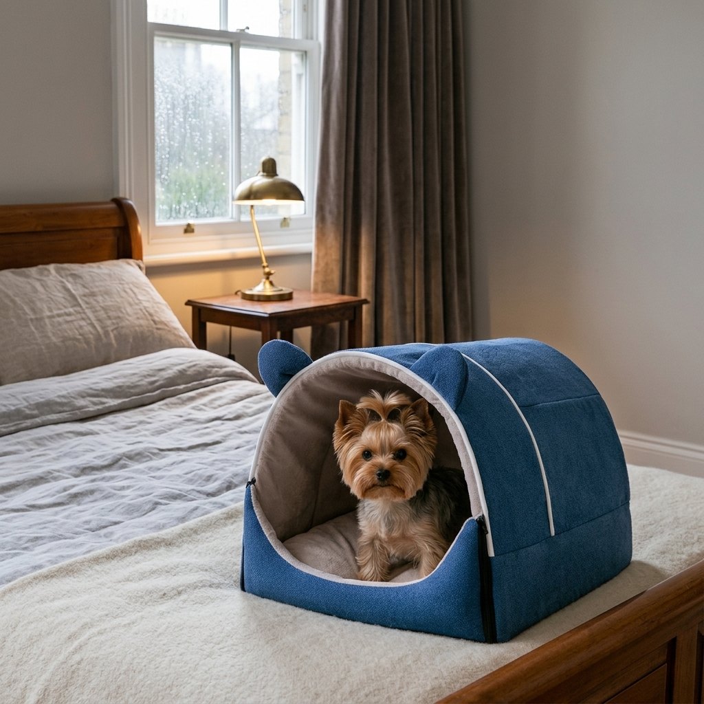 Pet Bed with Cute Ears – Yorkshire Terrier in the blue pet house in a bedroom
