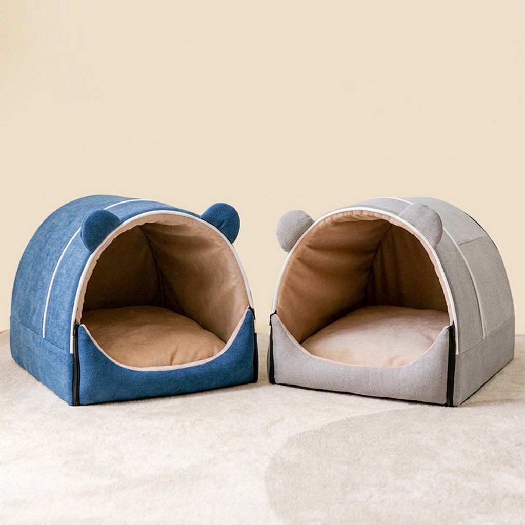 Pet Bed with Cute Ears – blue and grey pet houses side by side