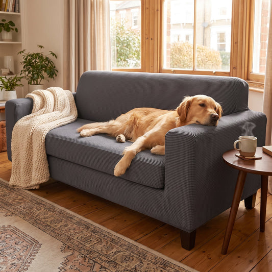 Golden Retriever relaxing on a sofa with the dark gray Pet Friendly Stretch Sofa Cover in a living room