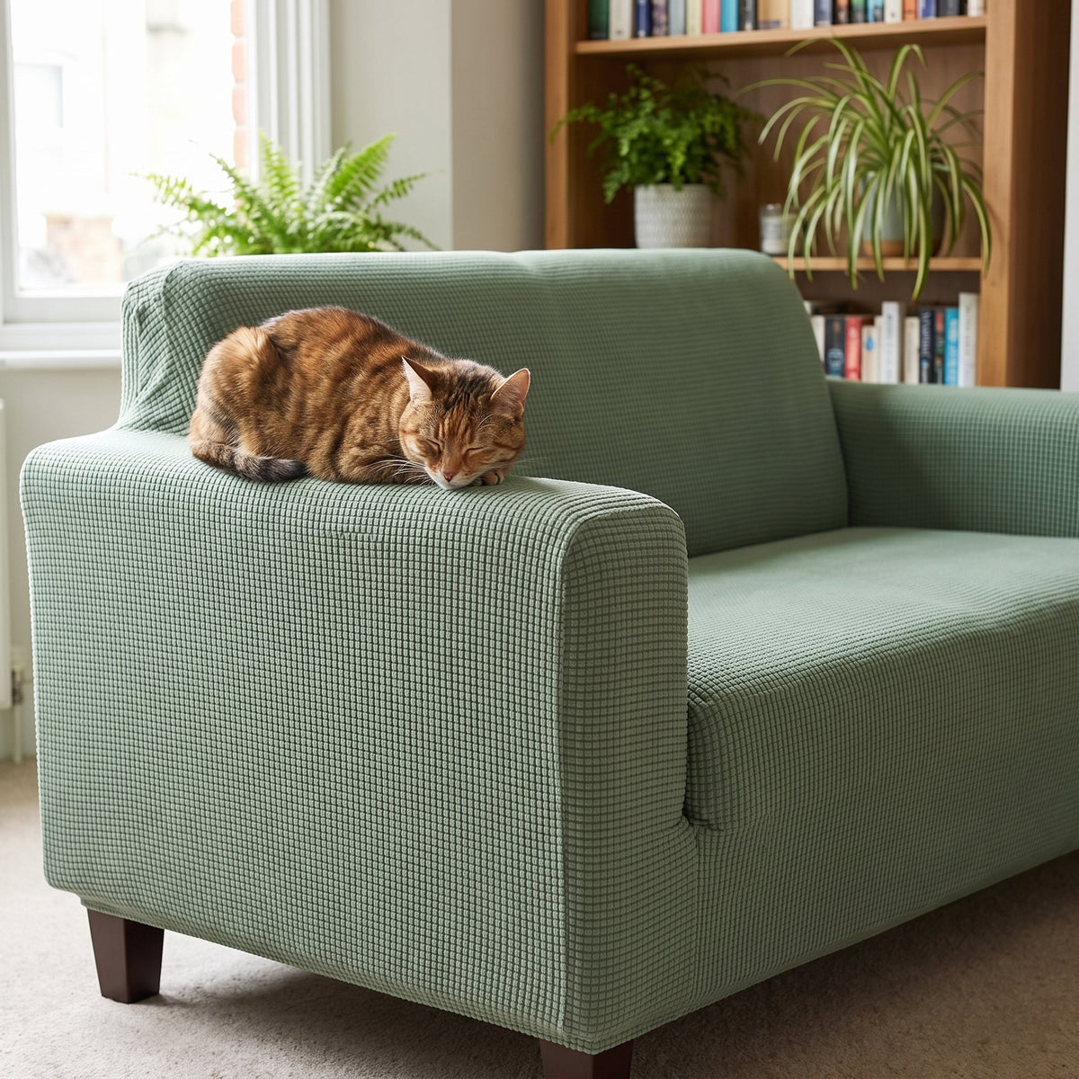 Tabby cat asleep on the arm of a sofa with the green Pet Friendly Stretch Sofa Cover