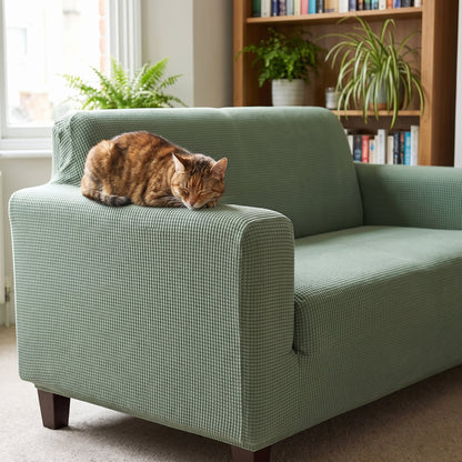 Tabby cat asleep on the arm of a sofa with the green Pet Friendly Stretch Sofa Cover