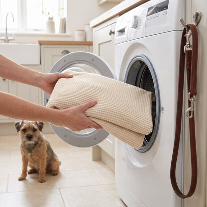 Beige white Pet Friendly Stretch Sofa Cover being loaded into a washing machine, machine washable