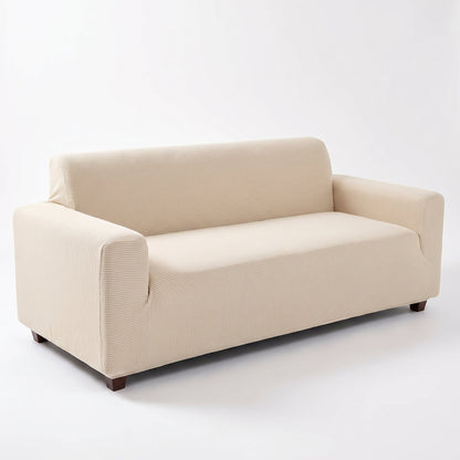 Pet Friendly Stretch Sofa Cover in beige white on a three-seater sofa, white background packshot