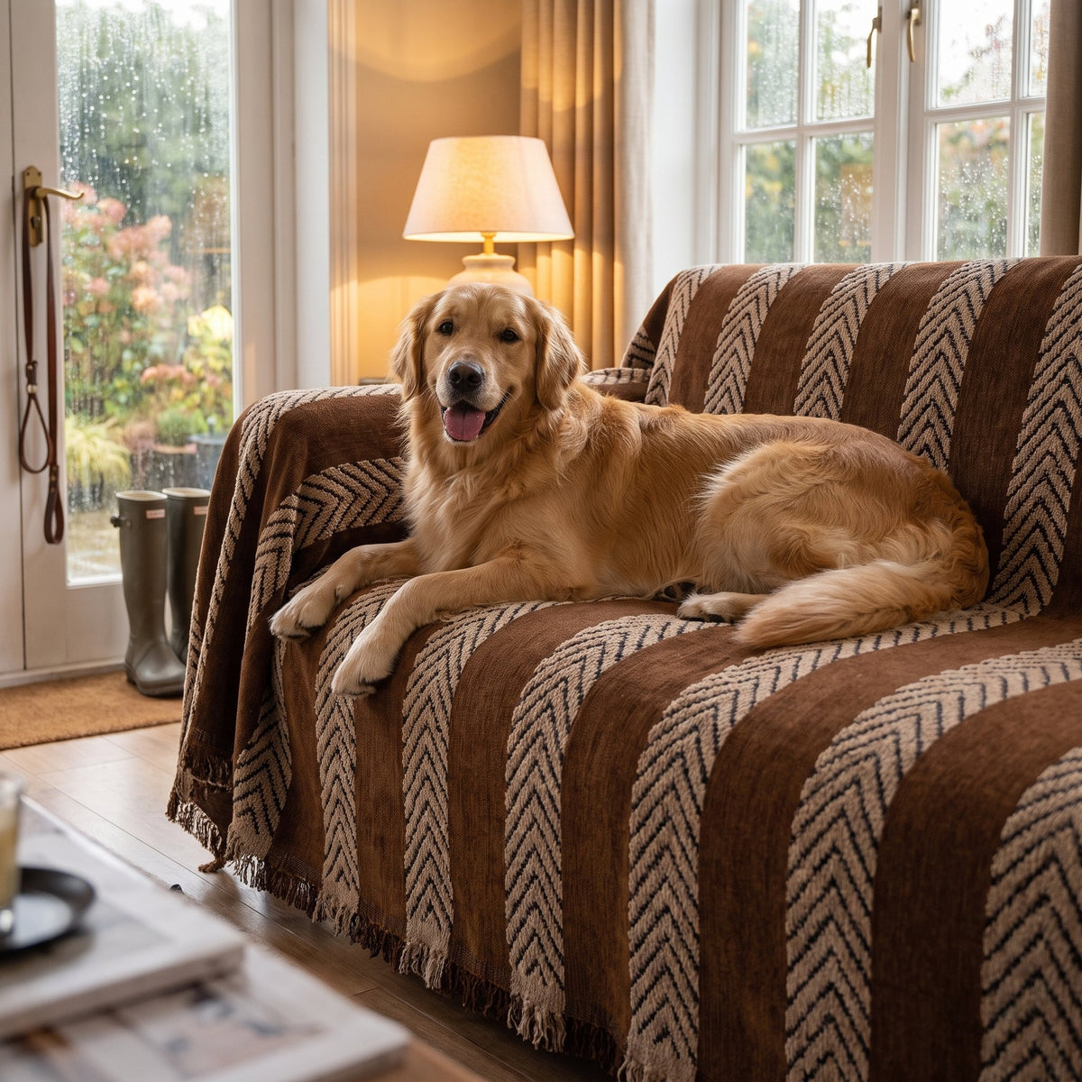 Golden Retriever lying on a sofa covered with the coffee herringbone jacquard sofa cover