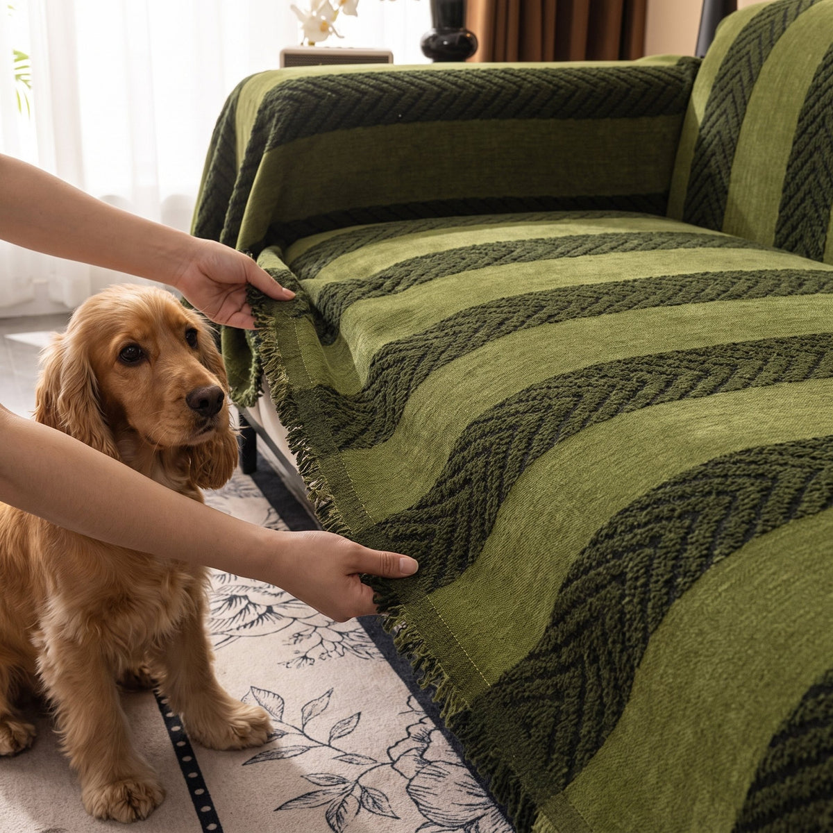 Hands tucking the green herringbone jacquard sofa cover into the sofa seams while a Cocker Spaniel watches