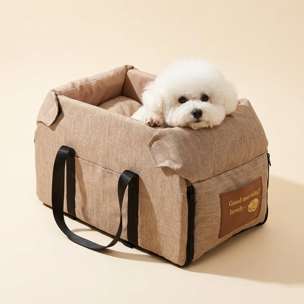 Portable console dog car seat in khaki with a small white Bichon Frise resting on the padded rim