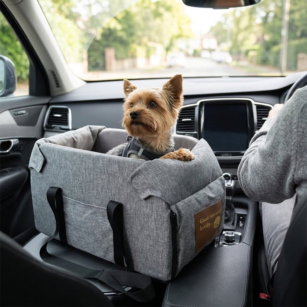 Portable console dog car seat in grey on a car centre console with a Yorkshire Terrier in a harness