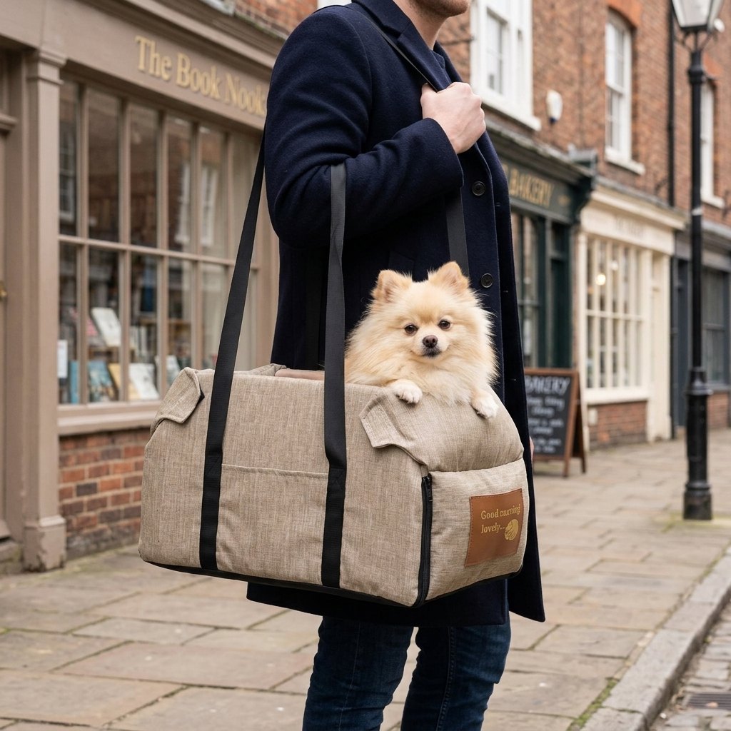 Portable console dog car seat in khaki carried by its webbing straps with a Pomeranian inside