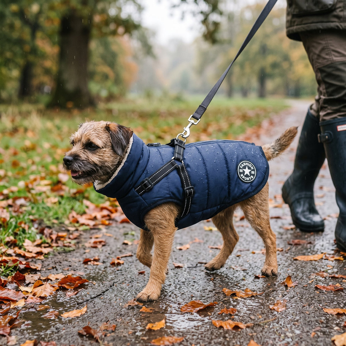 Rainproof pet coat with built-in harness in green, owner clipping a lead to the back D-ring at the front door