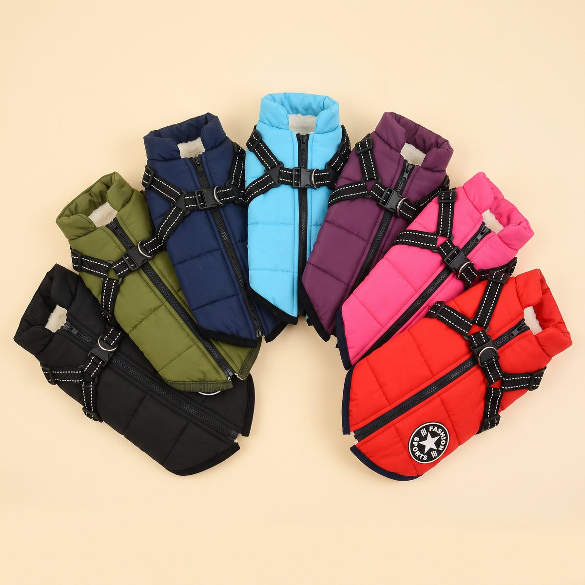 Rainproof pet coat with built-in harness in all seven colours: black, green, light blue, navy blue, pink, purple and red