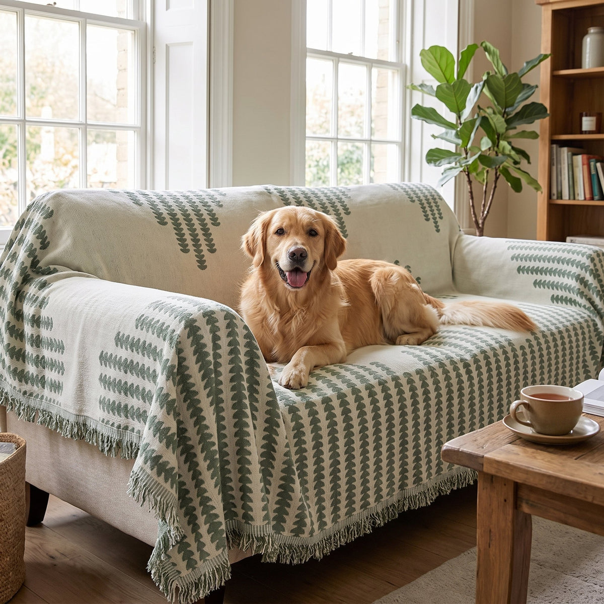 Golden Retriever relaxing on a sofa protected by the green chenille sofa cover