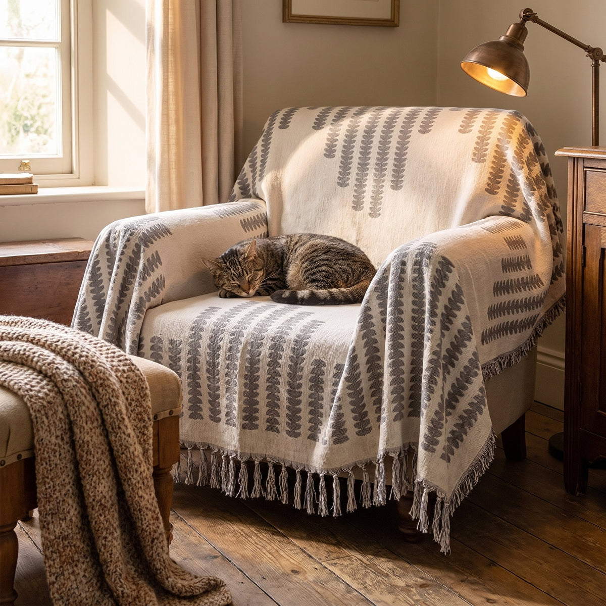Tabby cat asleep on an armchair covered with the gray chenille sofa cover