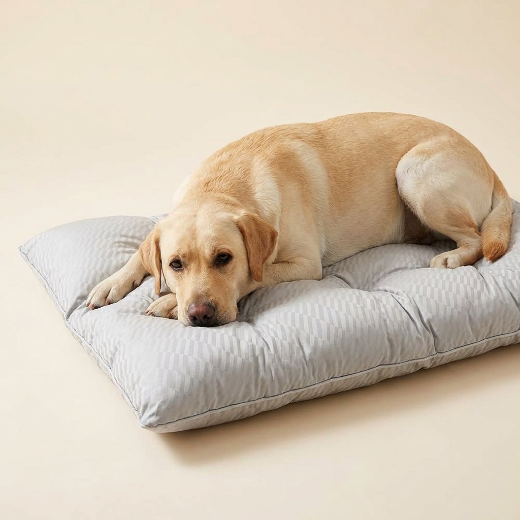 Soft Reversible Pet Calming Dog Bed Mat – Labrador resting on the light grey tufted mat