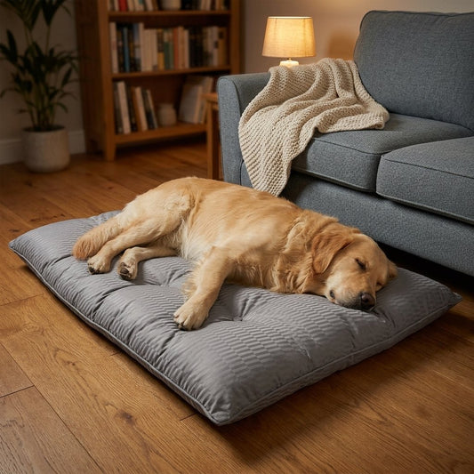Soft Reversible Pet Calming Dog Bed Mat – Golden Retriever asleep on the grey mat in a living room
