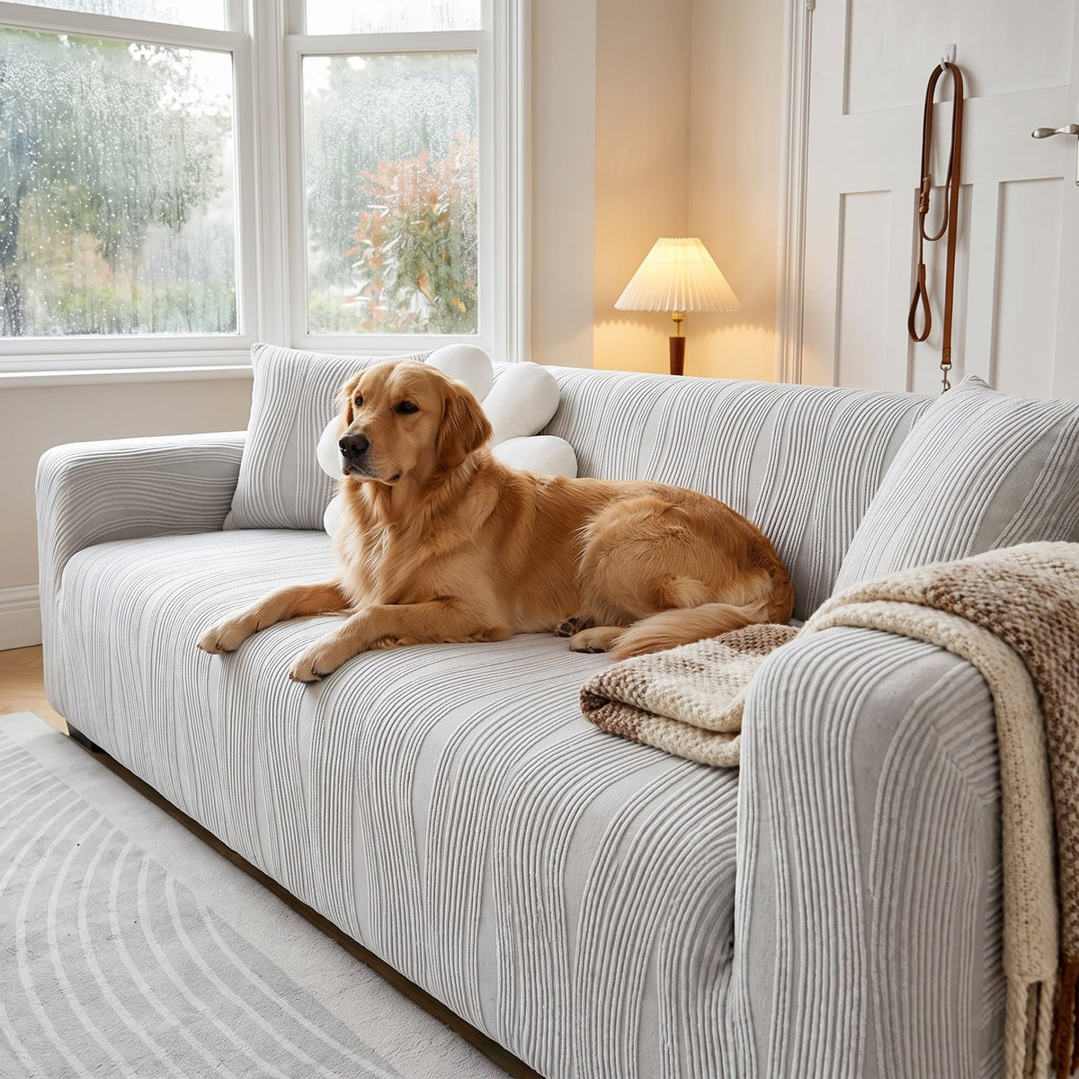 Stretch jacquard pet sofa cover in light grey on a three-seat sofa with a Golden Retriever lying on it