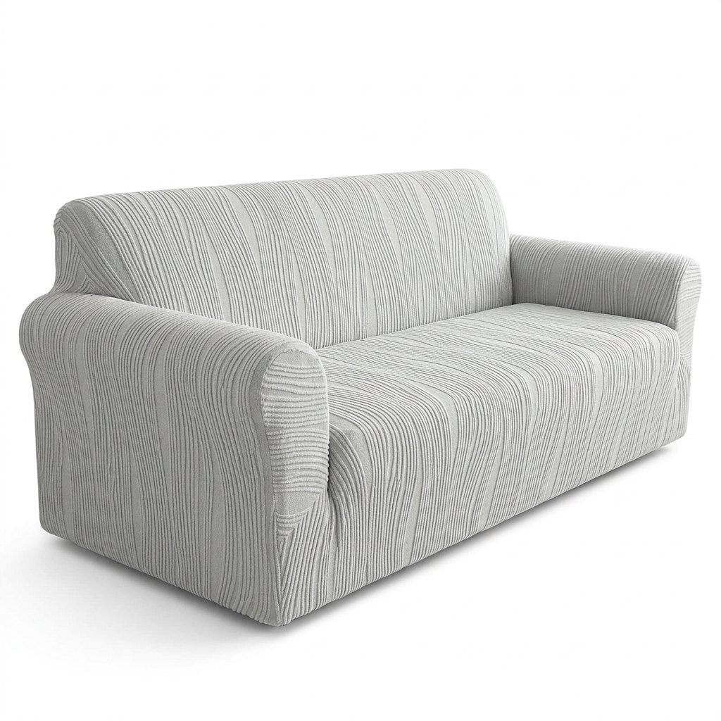 Stretch jacquard pet sofa cover in light grey on a three-seat sofa, plain white background