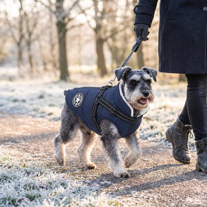 Miniature Schnauzer on a frosty park walk wearing the navy blue winter dog jacket with built-in harness, lead clipped to the back D-ring