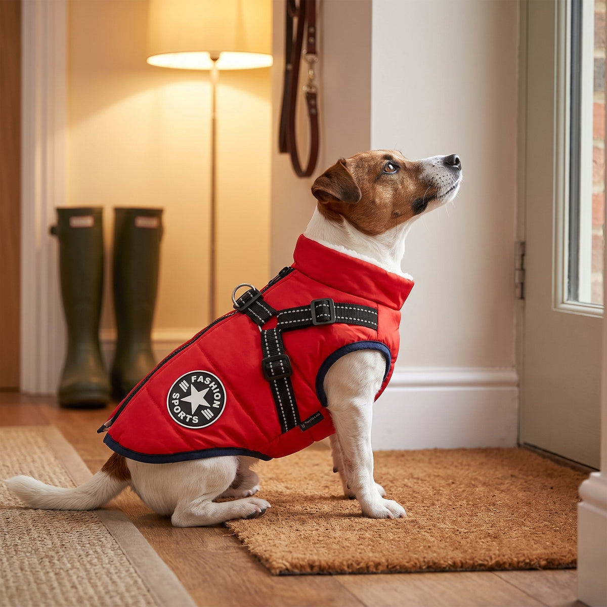 Jack Russell Terrier in a cosy hallway wearing the red winter dog jacket with built-in harness and plush-lined high collar