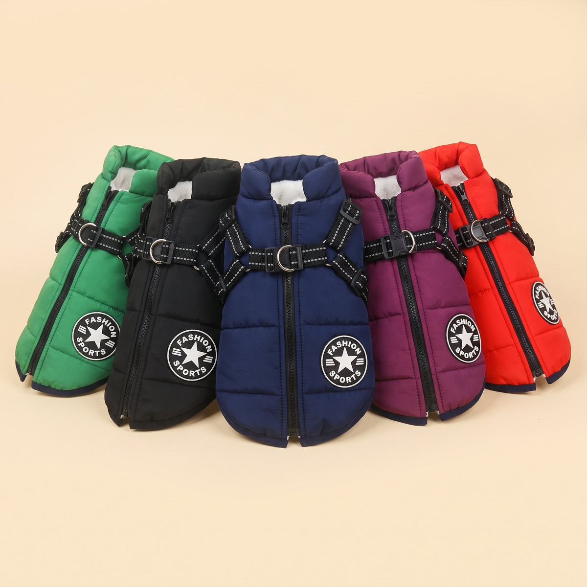 Winter dog jacket with built-in harness in five colours – green, black, navy blue, purple and red
