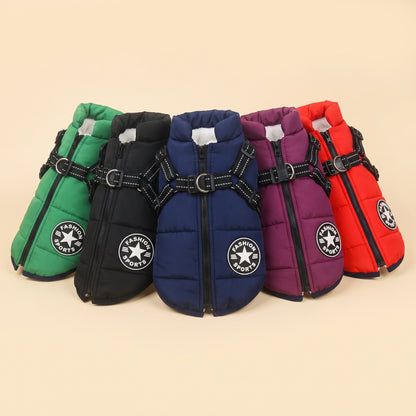 Winter dog jacket with built-in harness in five colours – green, black, navy blue, purple and red