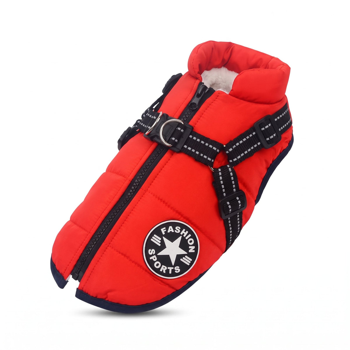 Winter dog jacket with built-in harness in red – product photo on white background