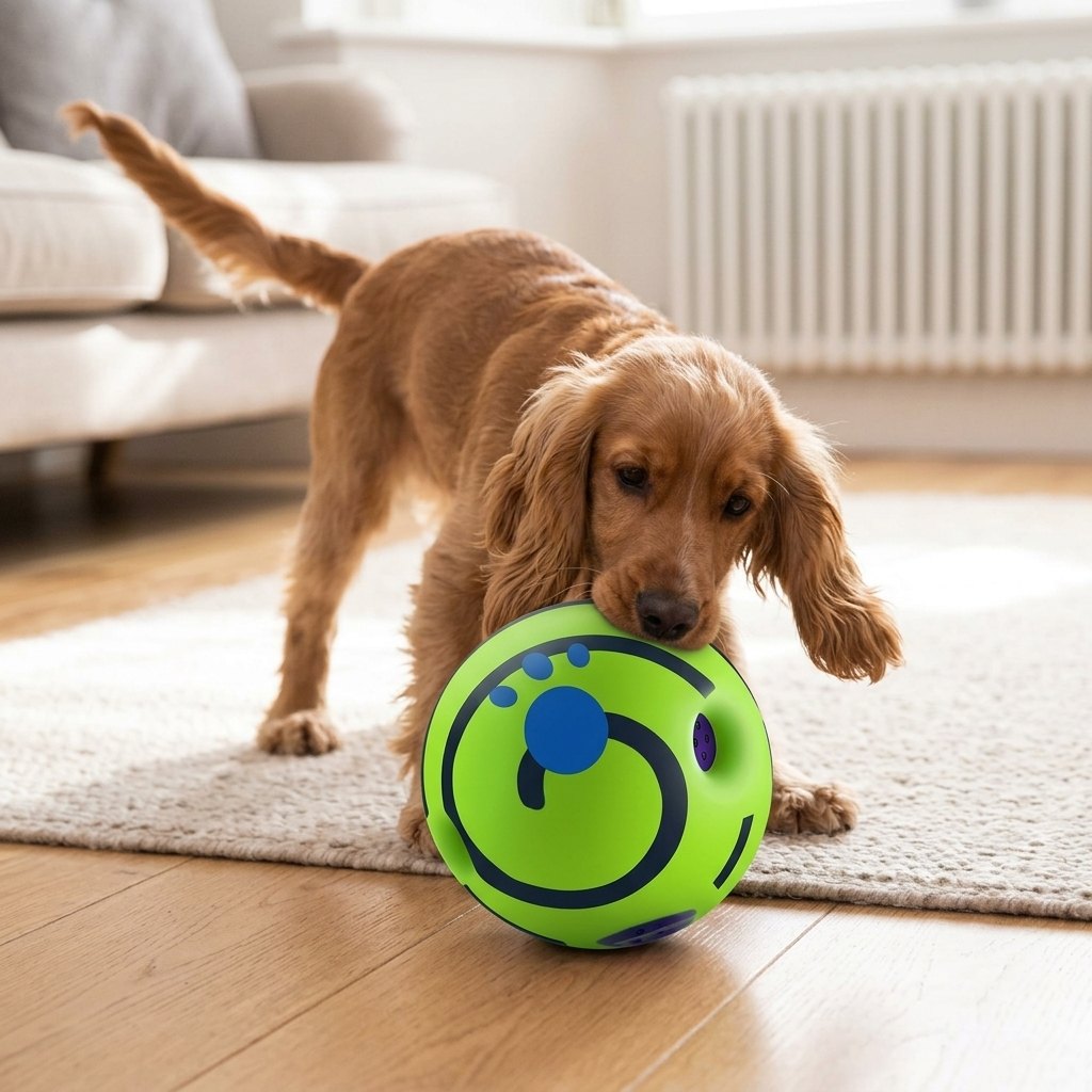 Cocker Spaniel pushing the green giggle ball dog toy across a living room floor