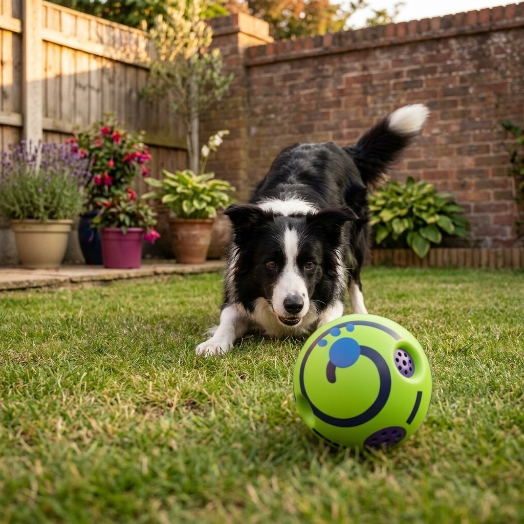 Border Collie in a play bow watching the green giggle ball dog toy roll across a garden lawn