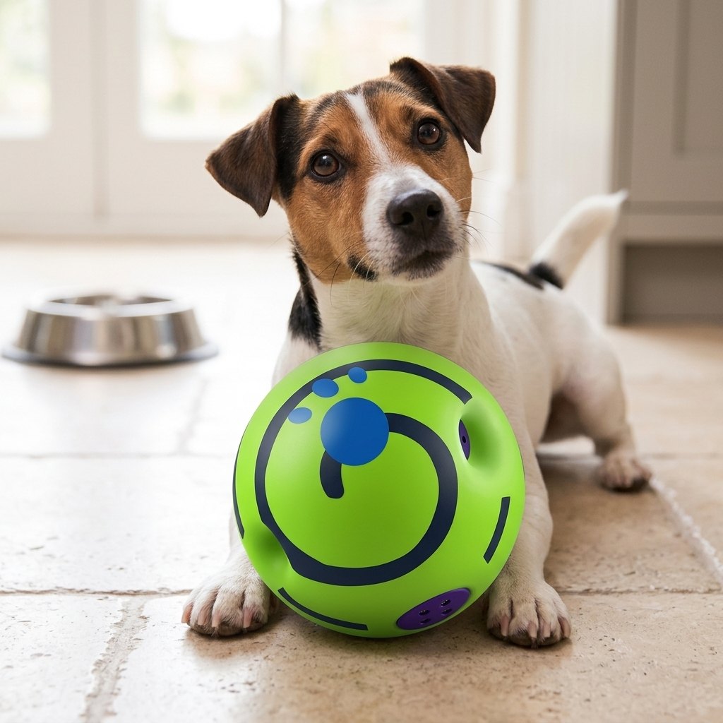 Jack Russell Terrier resting its paws on the 14 cm green giggle ball dog toy, showing its size