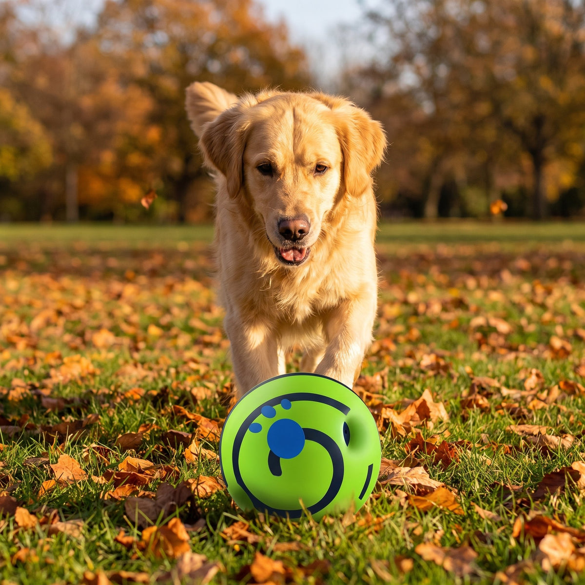 Golden Retriever chasing the green giggle ball dog toy in an autumn park