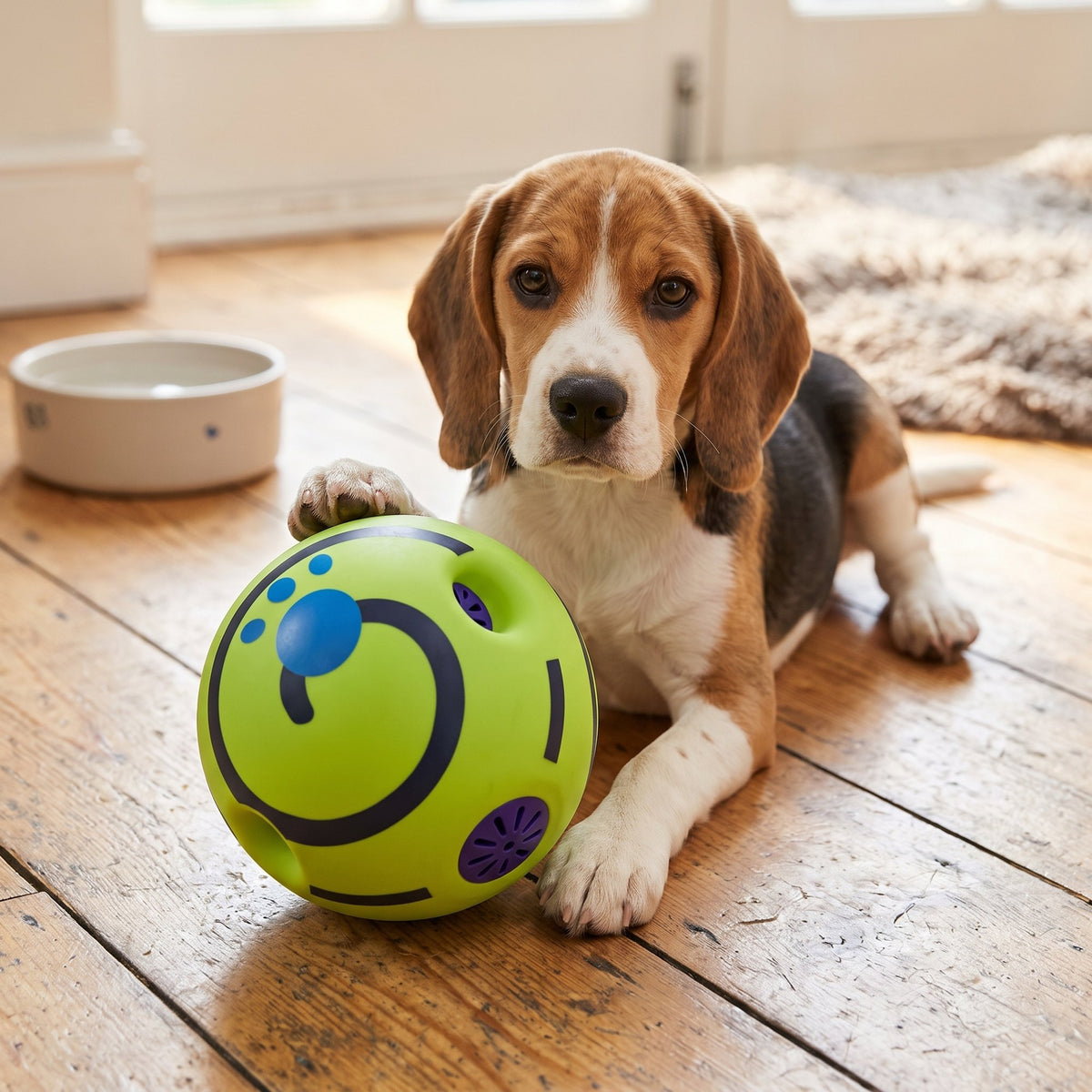 Beagle puppy resting its paws on the green giggle ball dog toy at home
