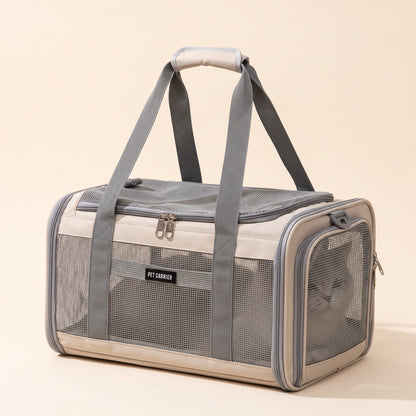 Zupawlio pet travel carrier in beige and grey with a cat resting inside
