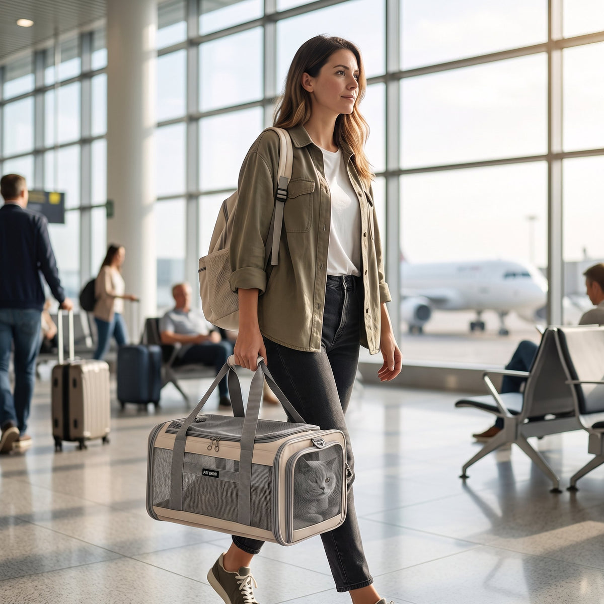 Woman carrying the Zupawlio pet carrier through an airport terminal