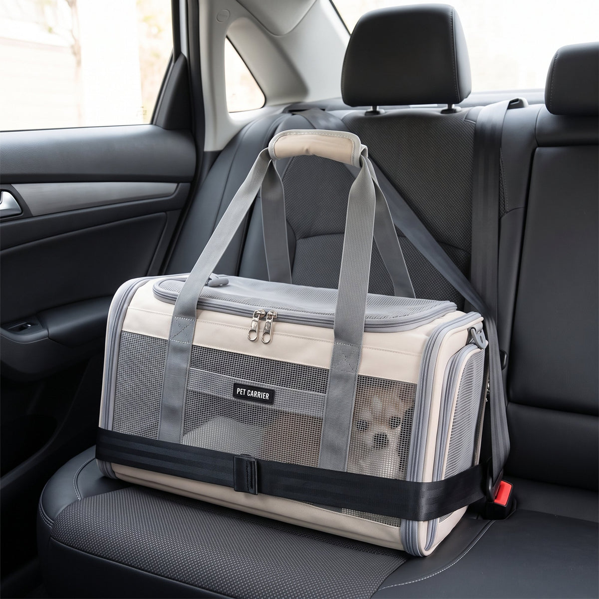 Zupawlio pet carrier secured with a seatbelt on a car back seat
