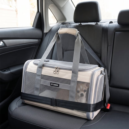 Zupawlio pet carrier secured with a seatbelt on a car back seat