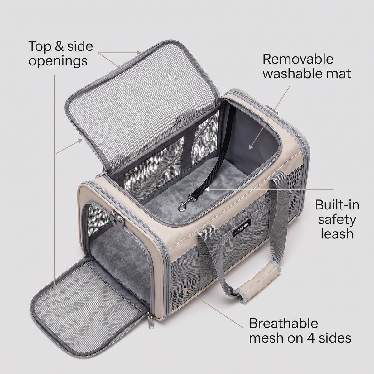 Zupawlio pet carrier features: top and side openings, removable mat, safety leash, mesh on 4 sides