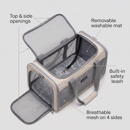 Zupawlio pet carrier features: top and side openings, removable mat, safety leash, mesh on 4 sides