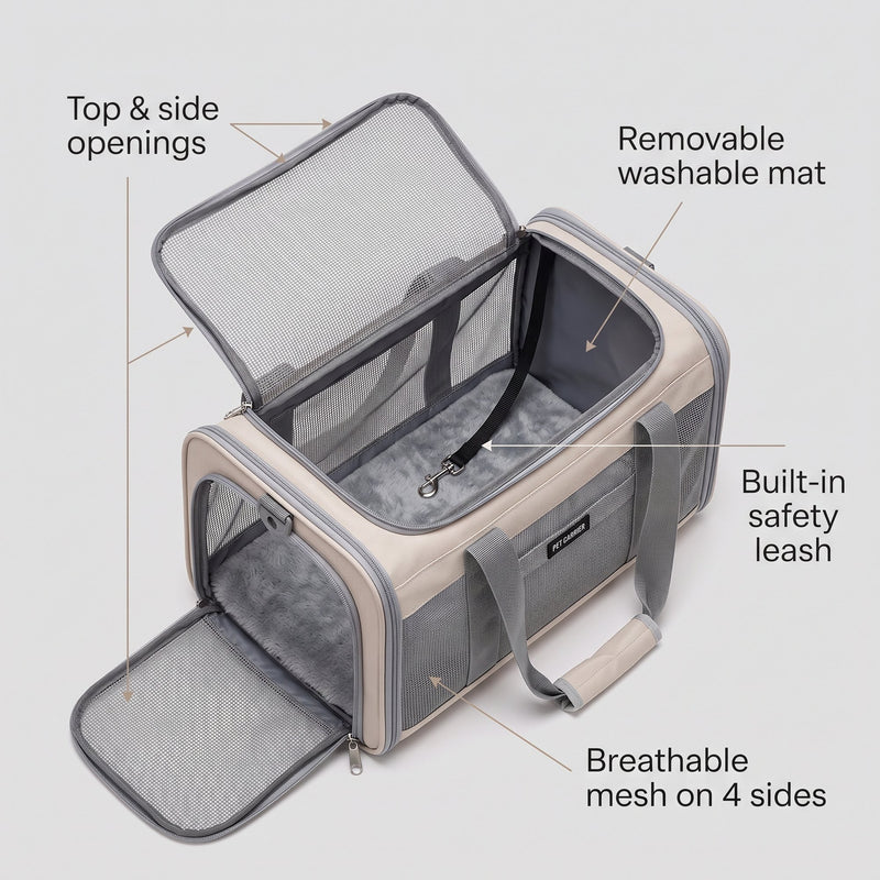 Zupawlio pet carrier features: top and side openings, removable mat, safety leash, mesh on 4 sides