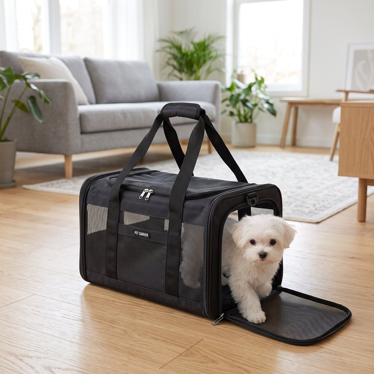 Small white dog stepping out of the black Zupawlio pet carrier