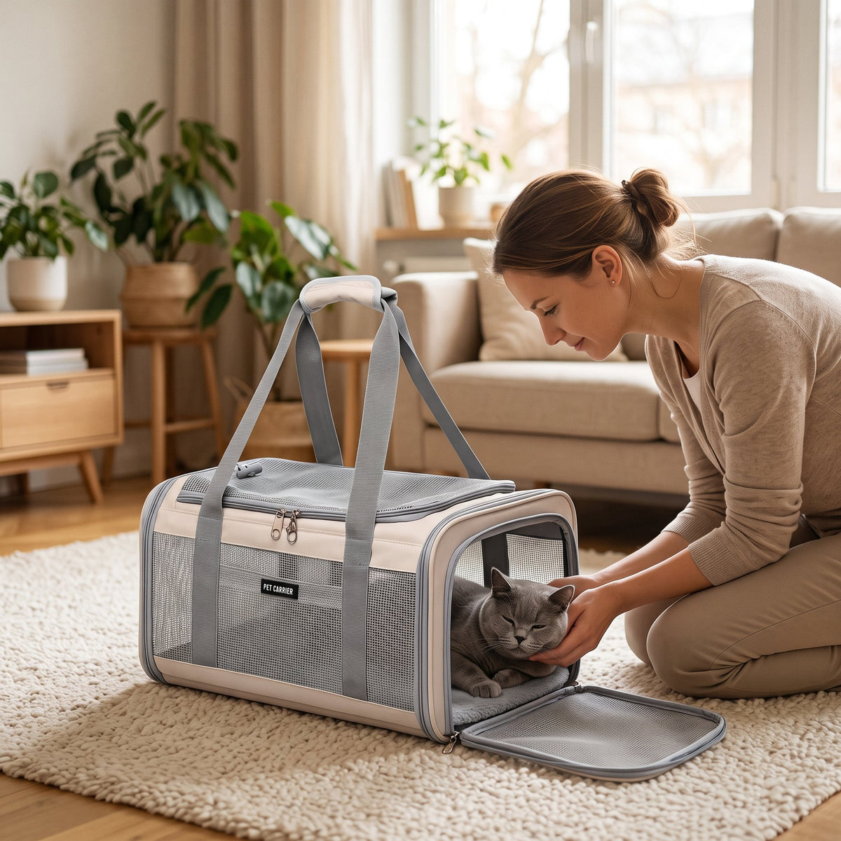 Woman stroking a calm cat inside the Zupawlio pet carrier at home