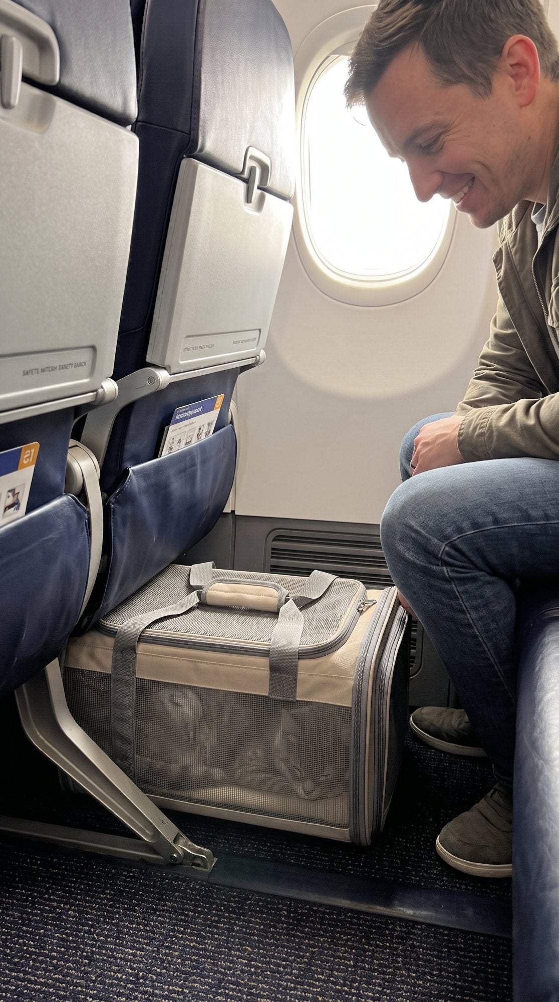 Traveller smiling at the Zupawlio pet carrier under the seat in an airplane cabin