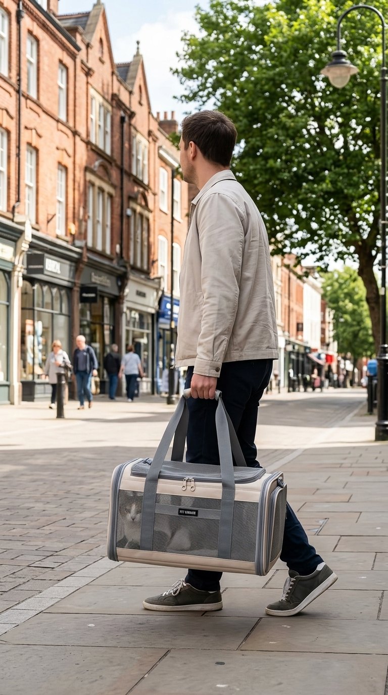 Man carrying the Zupawlio pet carrier along a UK high street